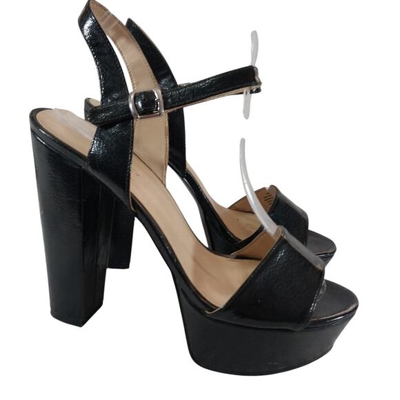 NINE WEST! CARNATION BLACK VEGAN LEATHER PLATFORM, CHUNKY SANDALS, HEELS!SZ 7.5M - Picture 1 of 10